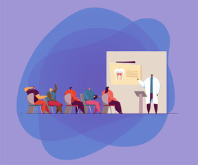 Dentists conference vector illustration. Doctor speaking before audience, giving lecture or seminar to college students in classroom. For lecture, workshop, dentistry, education concept