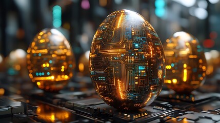 Tech-inspired Easter eggs designed like miniature circuit boards, intricate gold and silver lines, set against a digital interface background, neon lights reflecting off the metallic surfaces,
