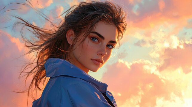 A woman with windswept hair in a blue jacket gazes alluringly at sunset, surrounded by vibrant clouds, capturing a moment of beauty and serenity.