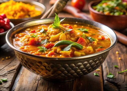 Close-Up of Aromatic Bisi Bele Bath in Bowl - Flavorful Indian Dish, Night Photography, Vibrant Colors, Comfort Food, Delicious Curry, Traditional Cuisine, Vegetarian Delight