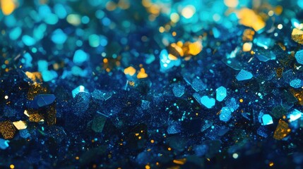 Sapphire and gold glitter backdrop with shimmering blue teal sparkles, creating an elegant sequin effect with crystal-like droplets.