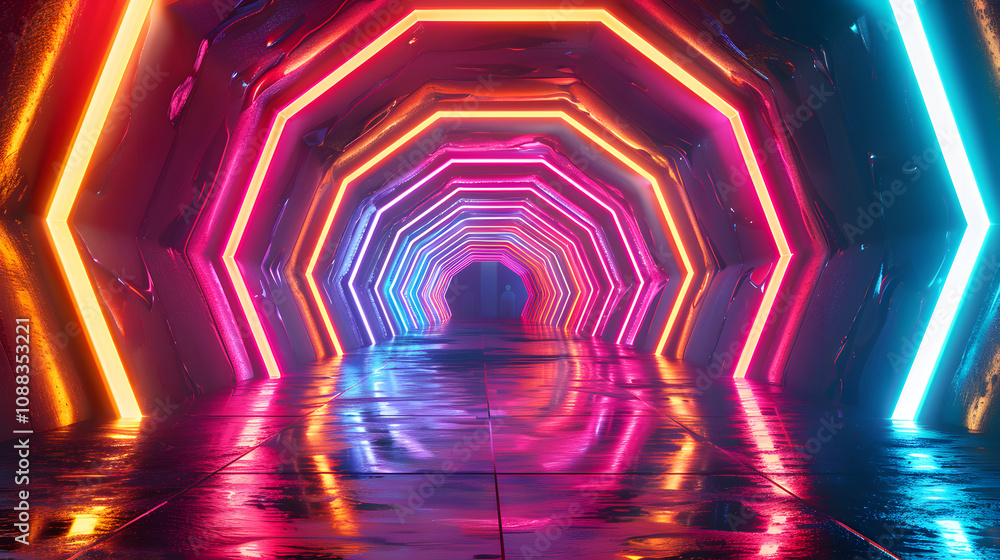 Poster flying through endless luminous tunnel. construction with neon glowing hexagons. hyper loop. abstrac