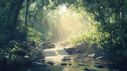 Sunlight streaming through dense tree canopy above a rocky stream with gentle rapids, surrounded by lush greenery and vibrant foliage in a serene forest setting.