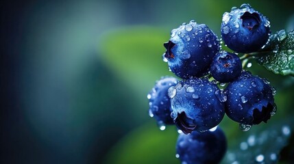 Lush blueberries glistening with raindrops on a bush, highlighted by a rich green background, showcasing their freshness and natural beauty.