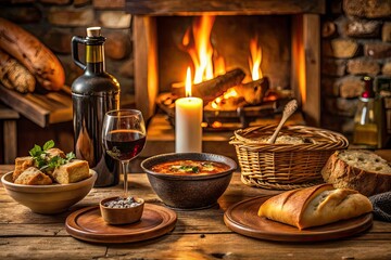 Cozy Candlelit Rustic Dining with Bread, Wine, and Rich Stew in a Warm Ambiance for Intimate Gatherings