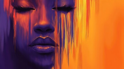 Abstract portrait of a woman with vibrant orange and purple hues, symbolizing strength and resilience in the fight against violence towards women.