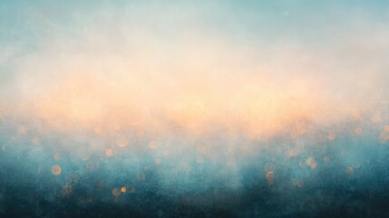 Fototapeta premium Panoramic abstract landscape featuring a dreamy blend of warm sunset hues and soothing teal shades, creating a tranquil bokeh effect for a calming atmosphere.