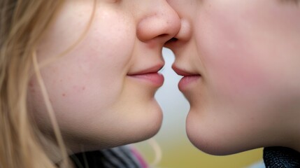 Obraz premium Close-up of a couple’s lips about to kiss in a soft romantic atmosphere. Passion, intimate,couple, relationship,romance,soul,love stories, Valentine's Day,romantic novels,trust,dating apps