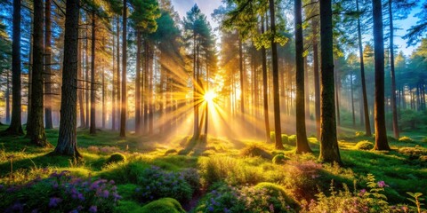 Obraz premium Dawn Breaking Over a Lush Forest, Symbolizing Nature's Growth and Renewal, Vibrant Colors, Morning Light, Serenity, and Life in Fashion Photography Style