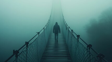 Obraz premium Lone Figure Walking Foggy Suspension Bridge