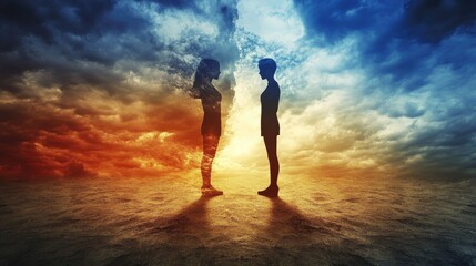 Obraz premium Couple Silhouettes Facing Each Other Amidst Dramatic Skies Symbolizing Conflict, Misunderstanding, and Emotional Distance in Relationships