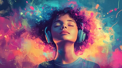 Fototapeta premium Girl with curly hair immersed in music, eyes closed, surrounded by vibrant splashes of color, creating a tranquil and artistic atmosphere.