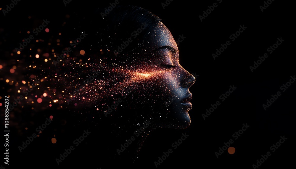 Aufkleber digital human head formed by glowing data particles, dark background, futuristic technology, artific