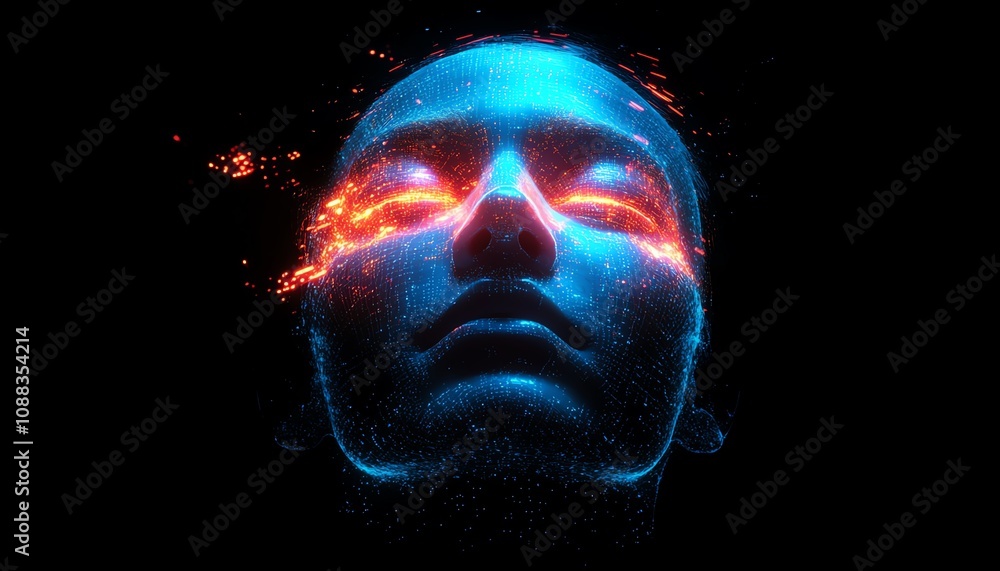 Poster digital human head formed by glowing data particles, dark background, futuristic technology, artific
