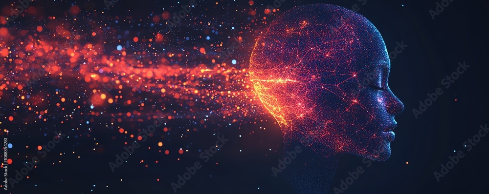 Aufkleber digital human head with floating glowing data particles, dark background, artificial intelligence, a