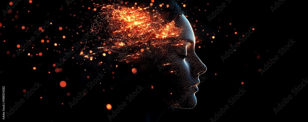 Poster digital human head with floating glowing data particles, dark background, artificial intelligence, a