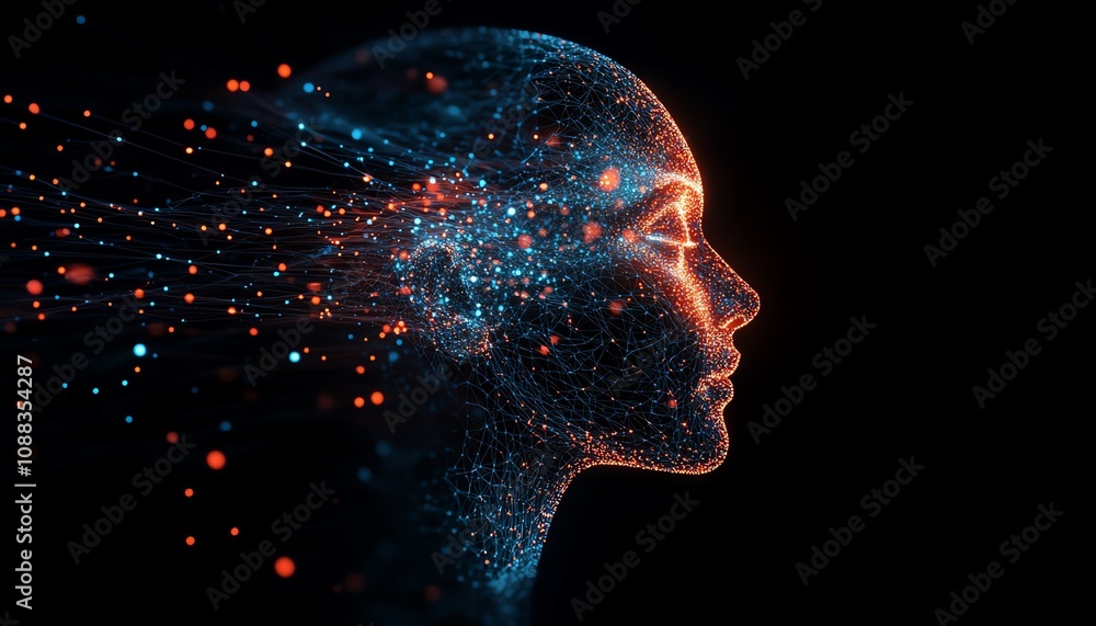 Aufkleber digital human head formed by glowing data particles, dark background, futuristic technology, artific