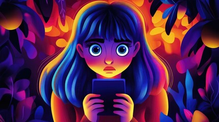 Illustration of a worried girl holding a smartphone surrounded by vibrant foliage, symbolizing mental health challenges related to cyberbullying and social media.