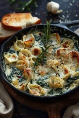 Creamy tortellini with spinach and herbs, garnished with cheese, served in a skillet alongside toasted bread.
