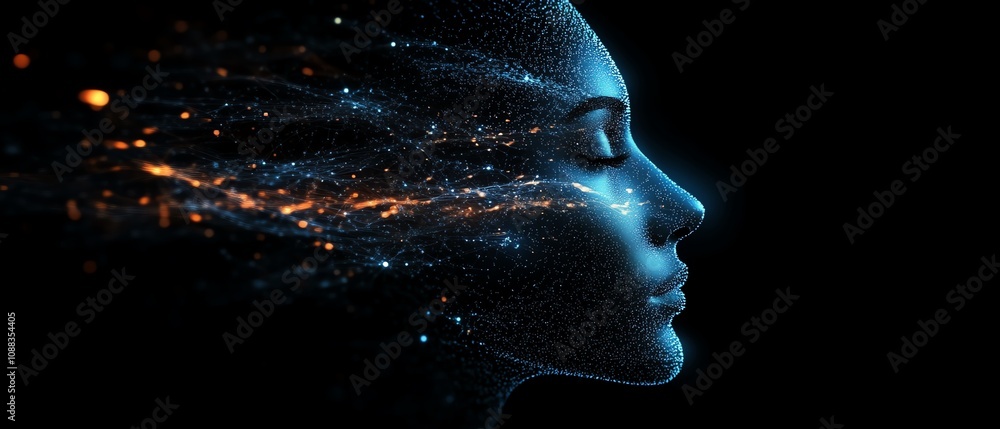 Leinwandbilder digital human head with glowing data particles, dark background, futuristic technology concept, arti