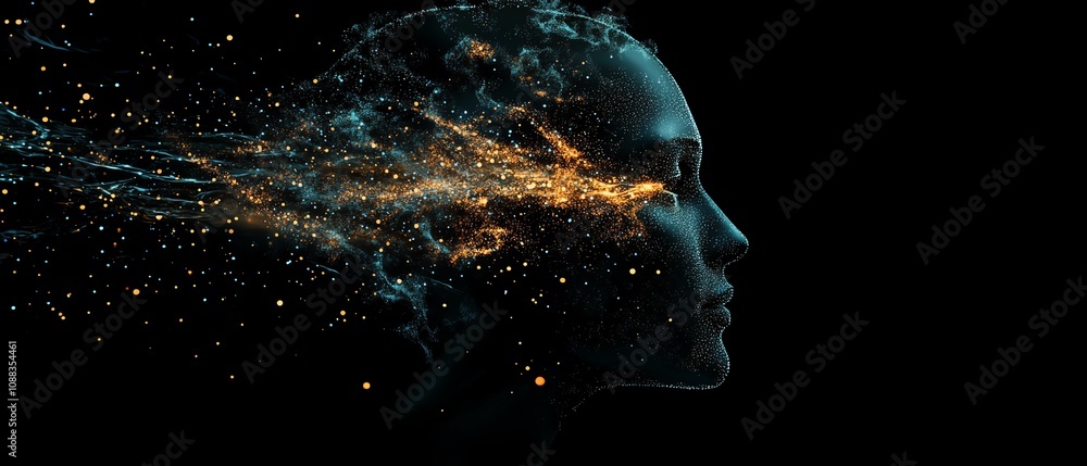 Poster Digital human head with glowing data particles, dark background, futuristic technology concept, artificial intelligence, advanced neural network design