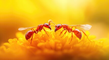 Naklejka premium Two red forest ants battling on a soft yellow flower bud with a beautifully blurred golden backdrop in a stunning macro shot.