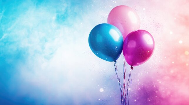 Birthday card design showcasing vibrant light blue, pink, and purple balloons against a dreamy pastel background, with space for personalized text.