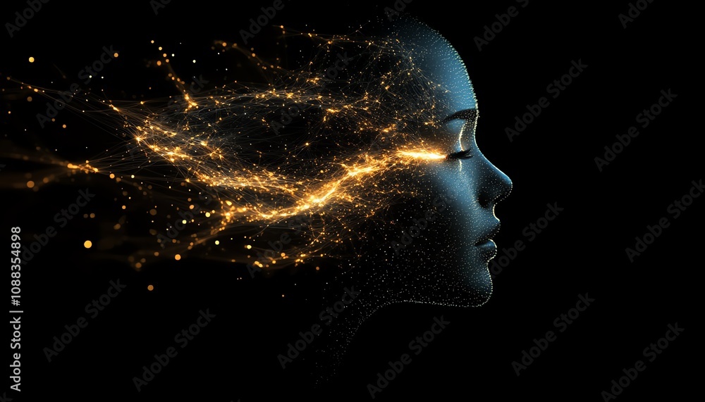 Poster futuristic abstract human head composed of glowing network connections, dark background, cybernetic,