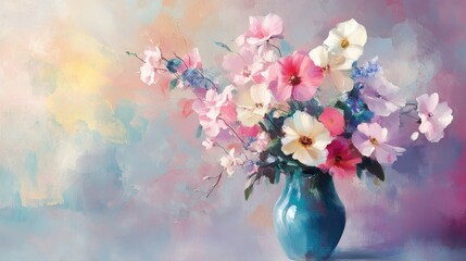 Pastel-colored flowers in a blue vase create a delicate floral arrangement against a softly blurred background of enchanting hues.