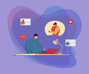 Girl and guy having romantic online chat on dating website at laptop, using computer, sending messages, finding partner. Vector illustration for social media communication, romance concept