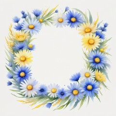Watercolor wreath of daisies and cornflowers, delicately painted in pastel tones, offering a gentle and charming floral design