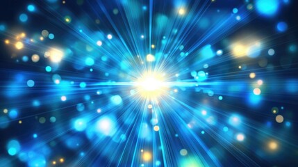 Naklejka premium Radiant blue background featuring vibrant abstract bokeh lights and sun flares, creating a festive atmosphere with sparkling rays and a neon glow.