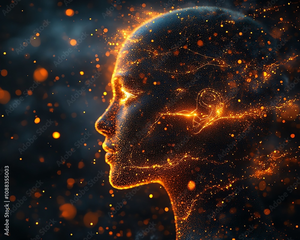 Poster futuristic digital human head surrounded by glowing data particles, dark background, artificial inte