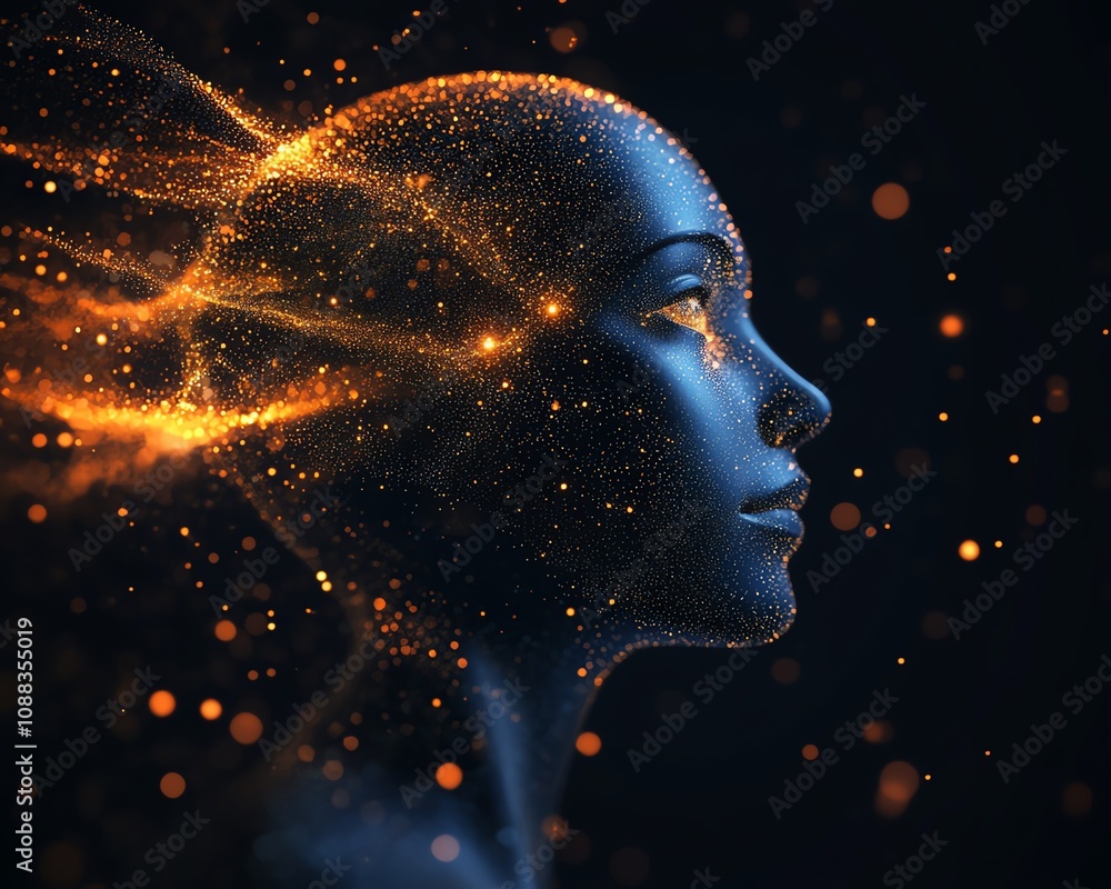 Poster futuristic digital human head surrounded by glowing data particles, dark background, artificial inte