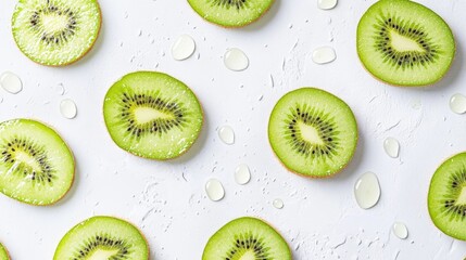 Fototapeta premium Sliced kiwi fruit arranged on a white surface, showcasing vibrant green flesh, black seeds, and glistening water droplets.