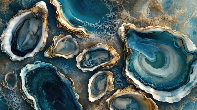 Assorted fresh raw oysters with intricate shells, displayed from a top perspective against a stunning abstract ocean background.