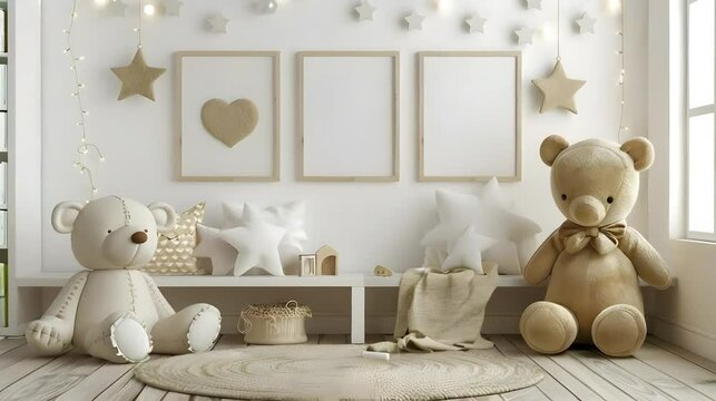Minimalist decor with empty frame in nursery.