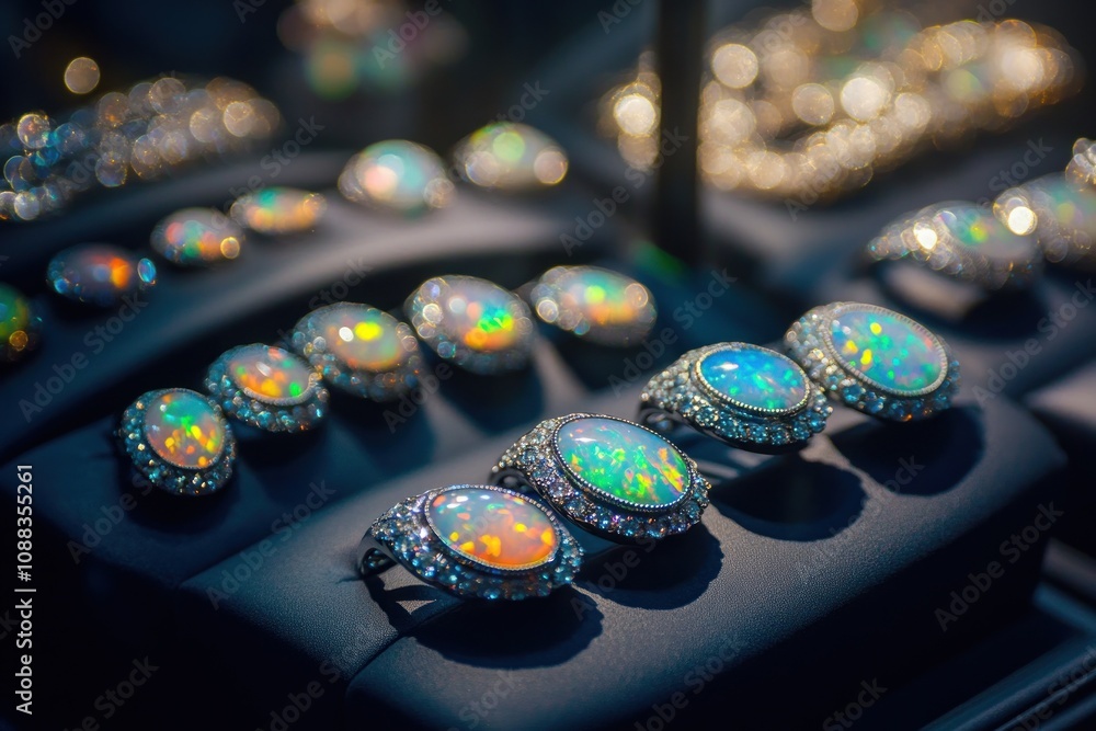 Poster a display of colorful opal jewelry set on a dark background.