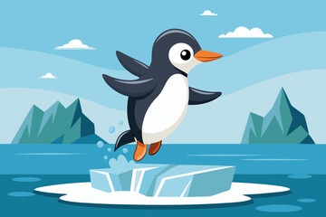  Little Adelie penguin jumping to water from ice