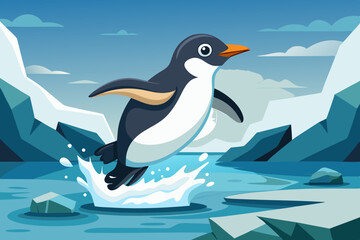  Little Adelie penguin jumping to water from ice