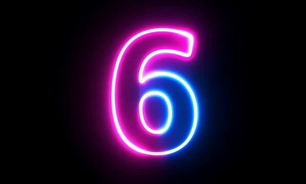 Number ' 6 ' with two tone colorful neon color motion graphic on  black background. Generative AI
