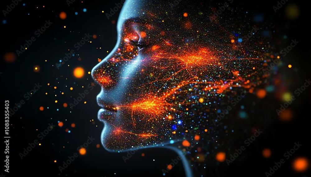 Aufkleber glowing data particles surrounding digital human head, dark background, artificial intelligence conc