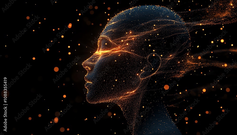 Poster glowing data particles surrounding digital human head, dark background, artificial intelligence conc