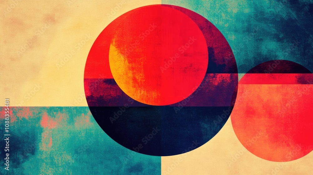 Poster retro geometric circular art with vibrant colors and a grungy minimalist style, ideal for home decor