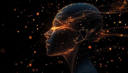 Glowing data particles surrounding digital human head, dark background, artificial intelligence concept, advanced neural pathways, technologyinspired design