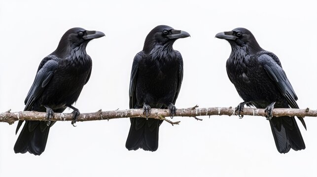 Three black crows perched side by side on a slender branch against a soft white background, showcasing their glossy feathers and sharp features.