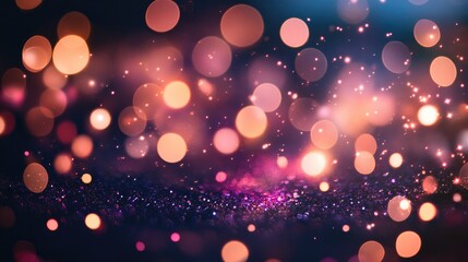 Abstract background with blurred purple and pink glitter lights, circular bokeh effect highlighting romantic ambiance for special occasions, vibrant and enchanting.