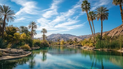 Tranquil desert oasis with palm trees and crystal clear waters surrounded by rugged mountains under a vibrant blue sky inviting peaceful relaxation.