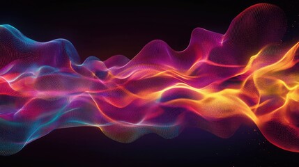 Obraz premium Vibrant Abstract Waveform of Particles in Dynamic Patterns, Showcasing Futuristic Technology and Flowing Energy in a Multi-Colored Spectrum, Digital Design.