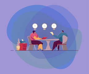 Job interview meeting. Employee candidate with CV and HR manager talking in office. Vector illustration for hiring, corporate conversation, career concept
